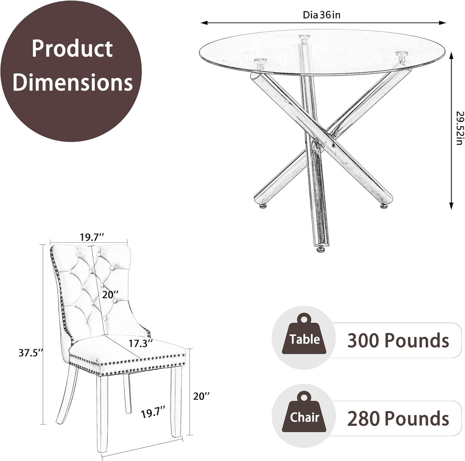 5 Pieces Gold Round Glass Dining Table Set, Modern Luxury Circle Kitchen Set for 4, 36'' Clear Minimalist Circular Glass Top Dinner Room Set, Black High-end Tufted Chairs, for Small Place