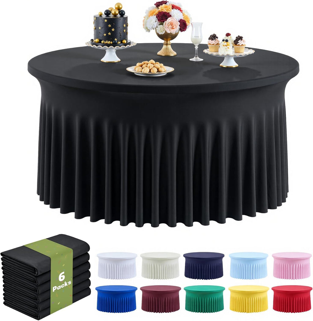 Outpain 6 Pack Black 72in/6FT Round Spandex Tablecloth,132inch Stretchy Fitted Black Table Cloths,Wrinkle Free Round Table Cloths with Skirt for Wedding Vendor Graduation Banquet