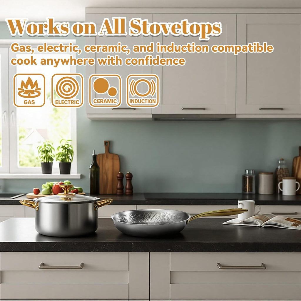 LemonRoad 2 Pieces Titanium Cookware Set, 11'' and 9.45'' Pots and Pans with Lids Triply Titanium No Coat Technology Safe for Oven, Induction and Cook Tops, Dishwasher Safe (Pan and Soup Pot)