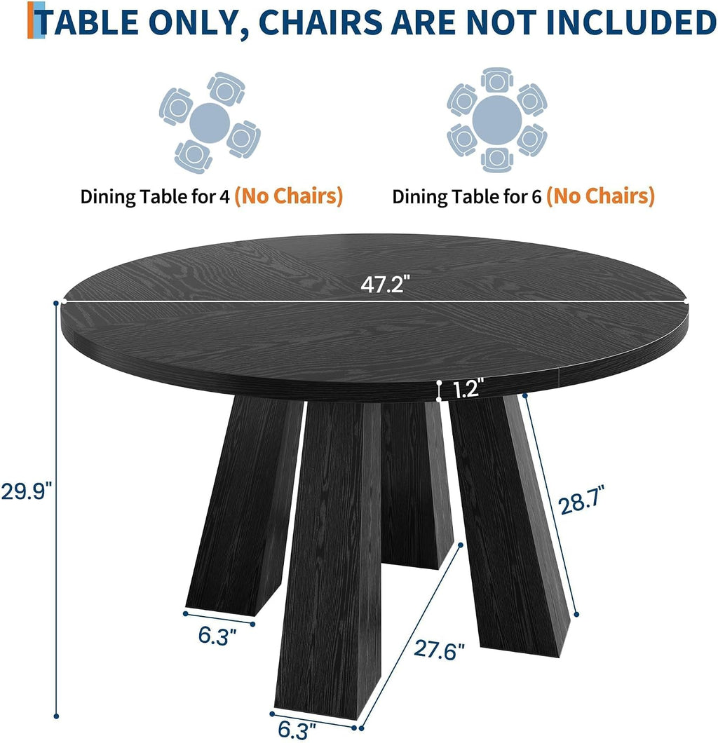 IDEALHOUSE 47' Round Dining Table for 4-6, Wood Kitchen Table with Sturdy Base, Farmhouse Circle Dinner Table for Dining Room, Living Room, 4 Strong Legs, Black