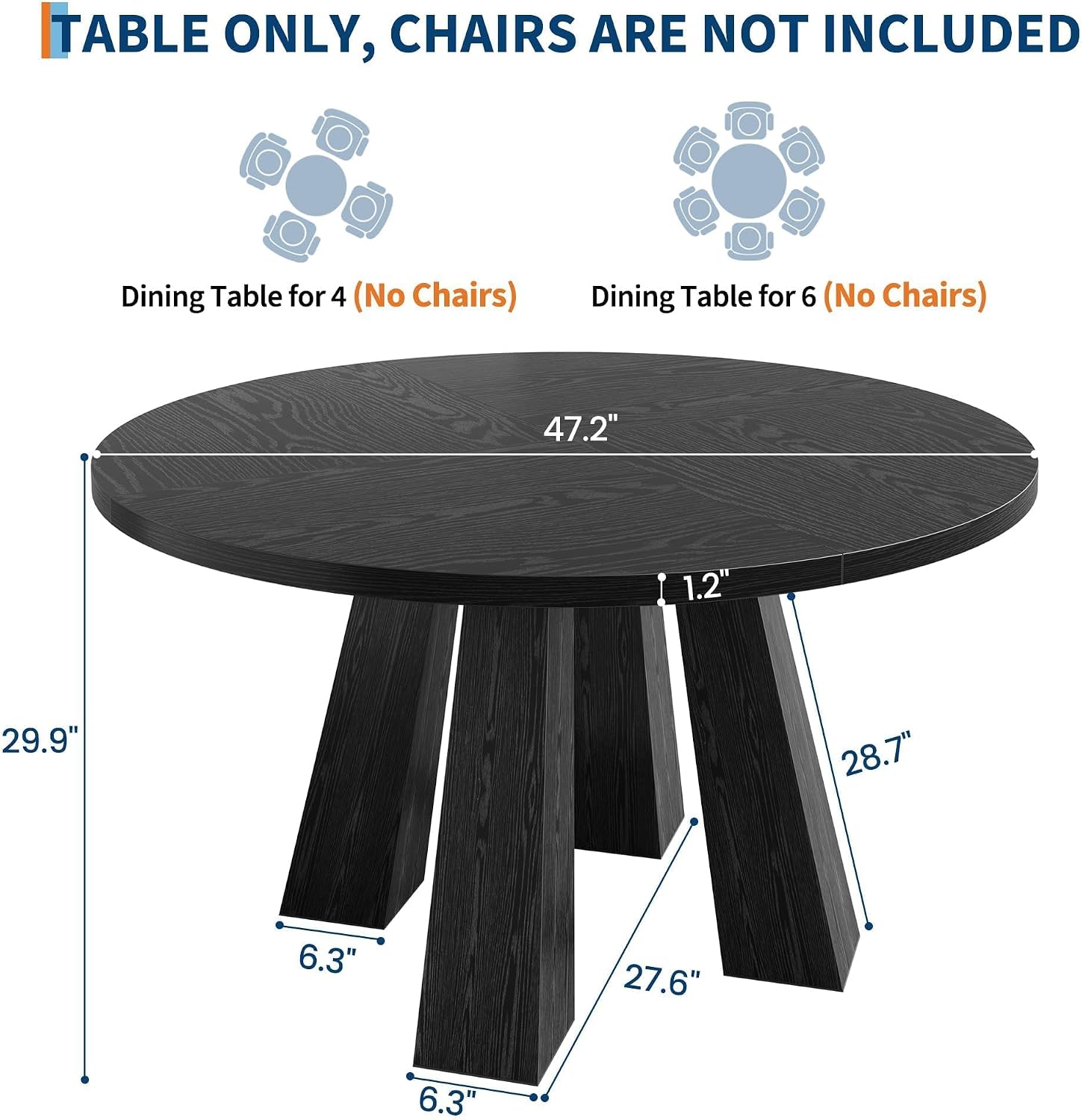 IDEALHOUSE 47' Round Dining Table for 4-6, Wood Kitchen Table with Sturdy Base, Farmhouse Circle Dinner Table for Dining Room, Living Room, 4 Strong Legs, Black