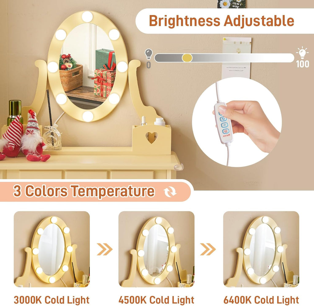 Karl home Kids Vanity Table and Chair Set, Princess MDF Dressing Table with 3-Color LED Lighted Mirror and 3 Drawers, Lovely Waved Design for Toddler's Bedroom and Playroom Decor, Macaroon Orange