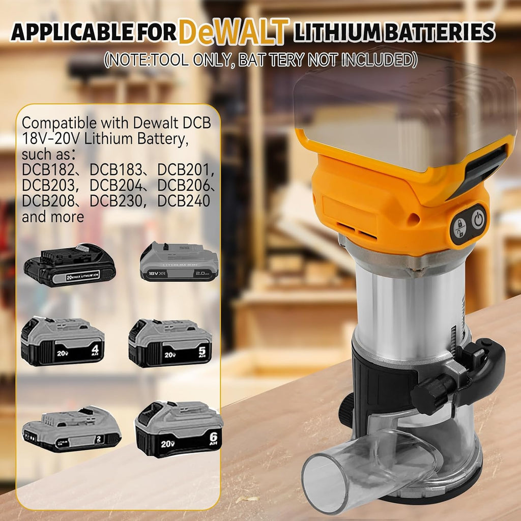 Cordless Power Router for DeWalt 20V Battery (Bare Tool), Brushless Trim Router with 15PCS 1/4' Bits, 6 Variable Speeds Router Tool for Woodworking, 800W 10000-30000min/r