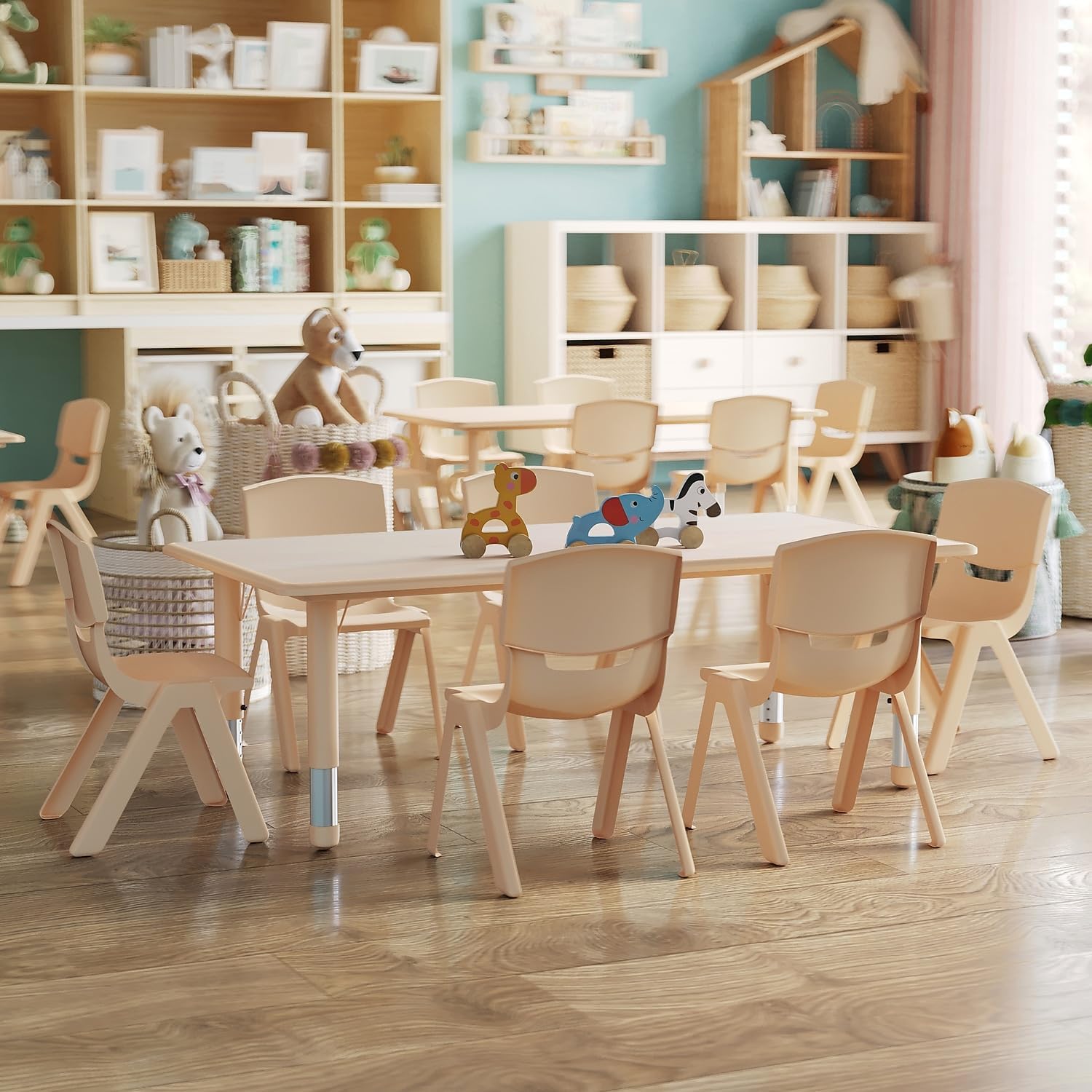 Flash Furniture Emmy Adjustable Classroom Activity Table with 6 Stackable Chairs, Plastic Activity Table for Kids, 23.625' W x 47.25' L, Natural