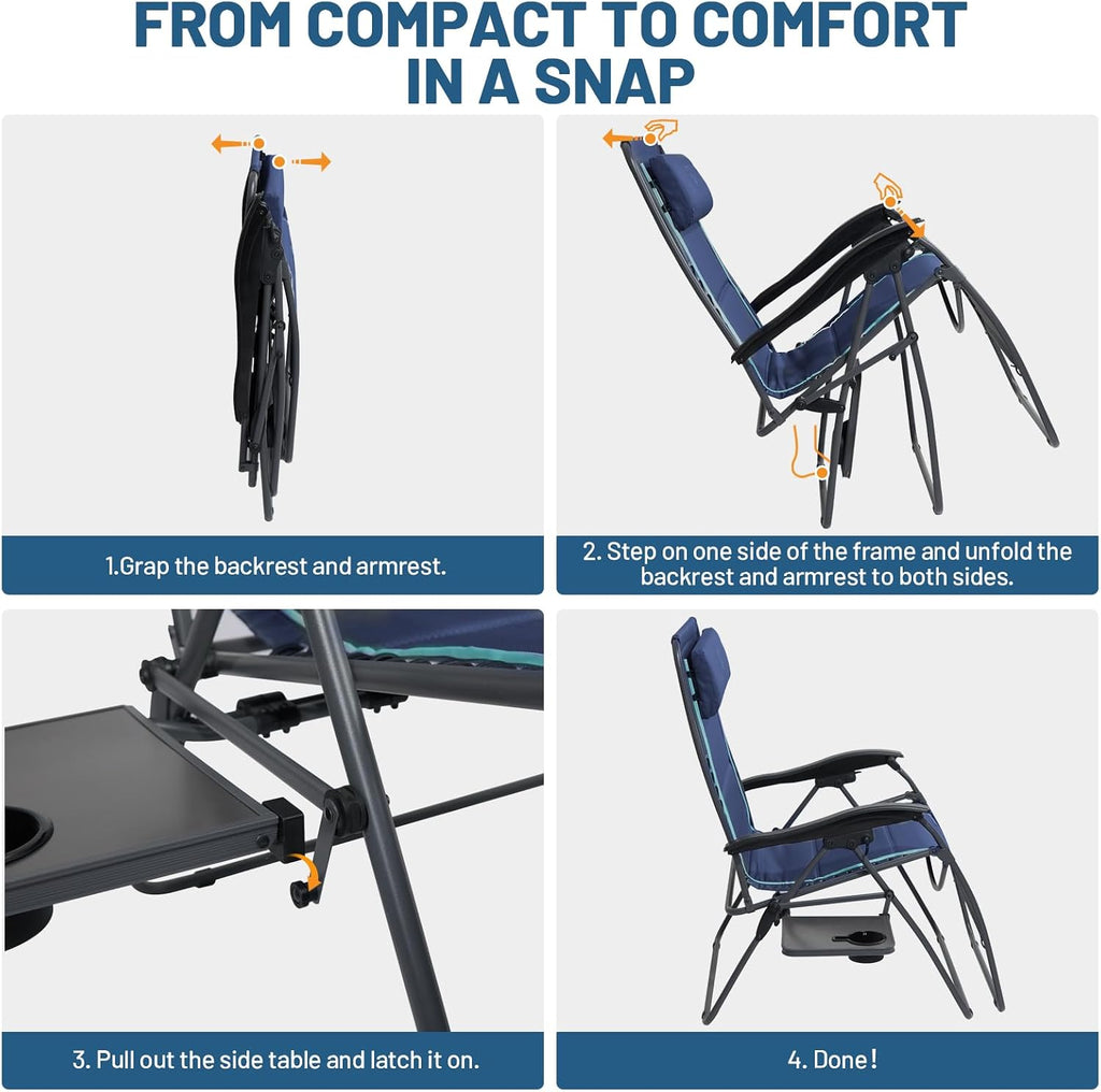Timber Ridge Oversized Zero Gravity Chair, 33In Wide XXL Zero Gravity Reclining Chair with Side Table, Full Padded Lounge Chair for Outdoor Camping Patio Lawn, Heavy Duty Supports 500lbs, Blue-1 Pack