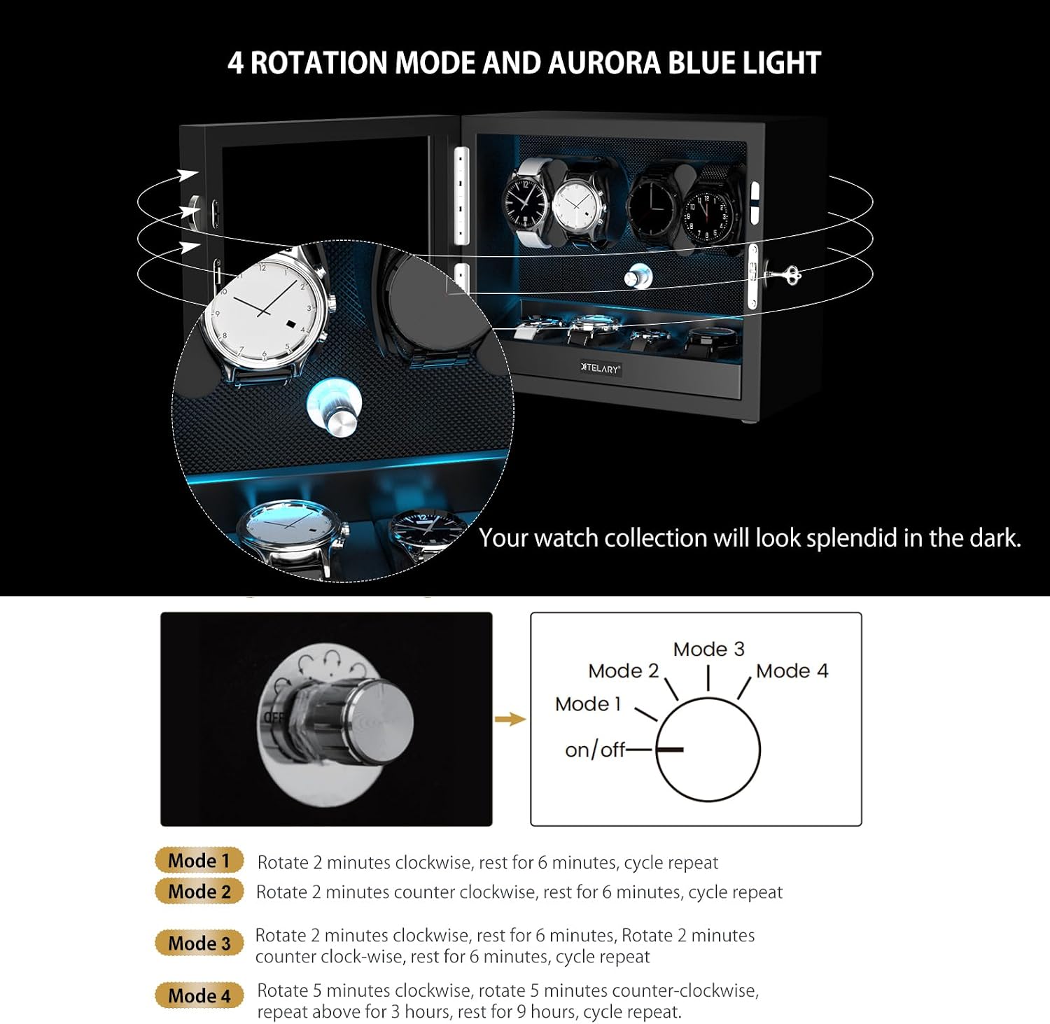 XTELARY Lockable Automatic Watch Winder - 4/6/8/12 Watch Storage, 4 Rotation Modes, Quiet Motor, Backlight