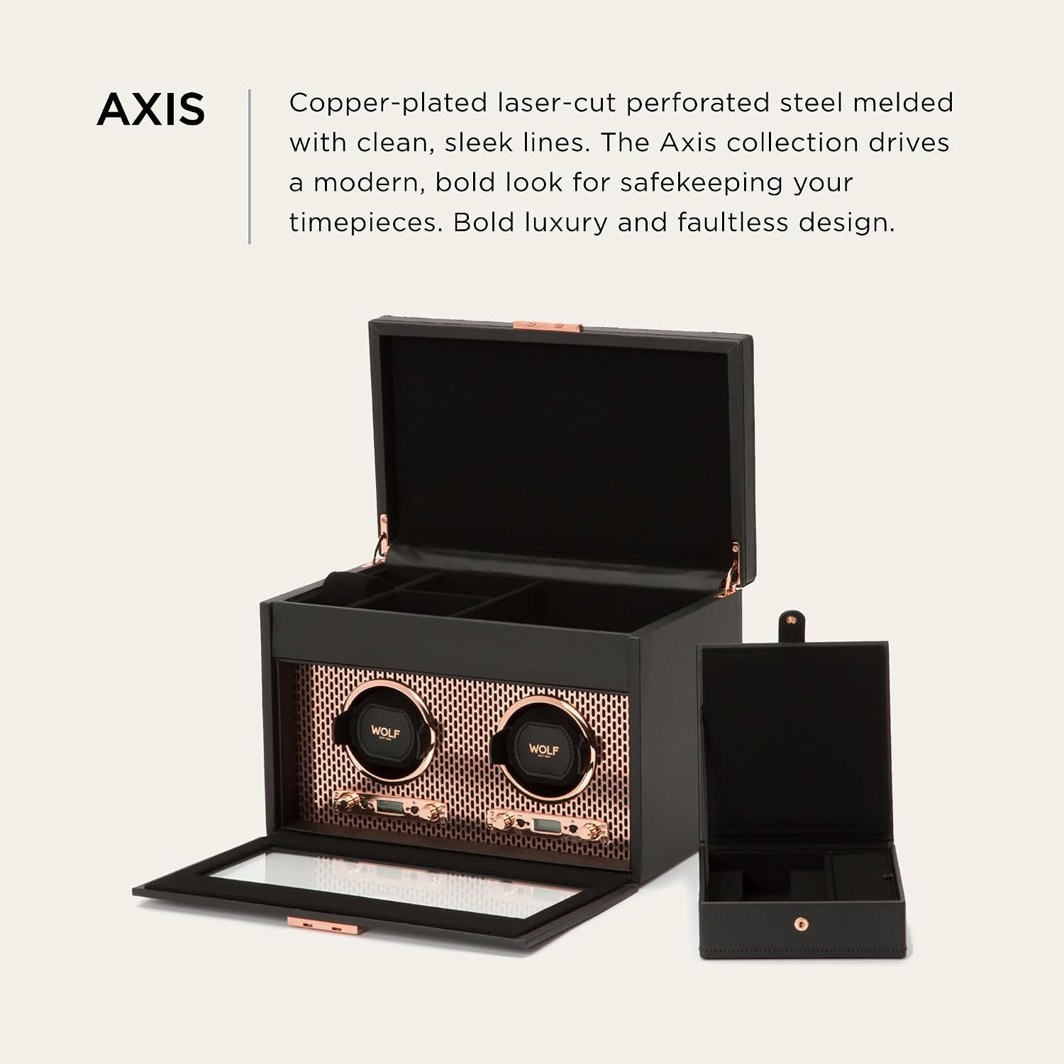 Wolf Axis Watch Winder with Storage - Secure Fit with Patented Lock-in Dynamic Cuff - Accommodates All Wrist Sizes - Vegan Leather - Includes Universal Adapter