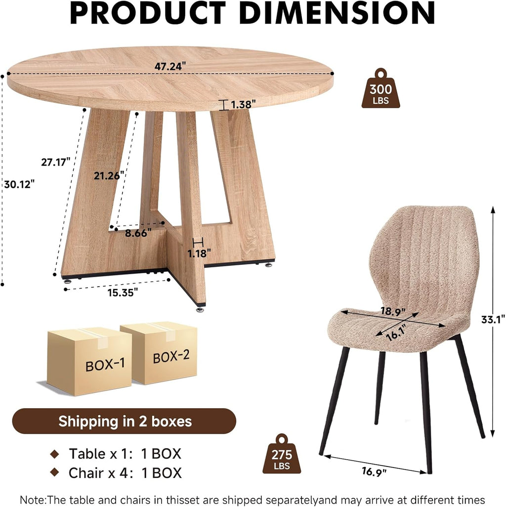 Round Dining Table Set for 4 with Chairs Kitchen Table and Chairs Set Dining Room Table Set Mid-Century Modern Chair with Metal Leg for Apartment Living Room(Natural Table With 4 Brown Chairs)