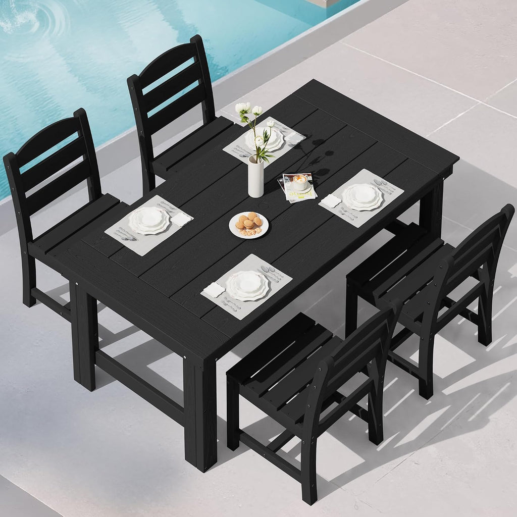SERWALL Outdoor Dining Table Set, 67'' HDPE Patio Dining Set for 4, All-Weather Outdoor Table and Armless Chairs Set for Deck, Black