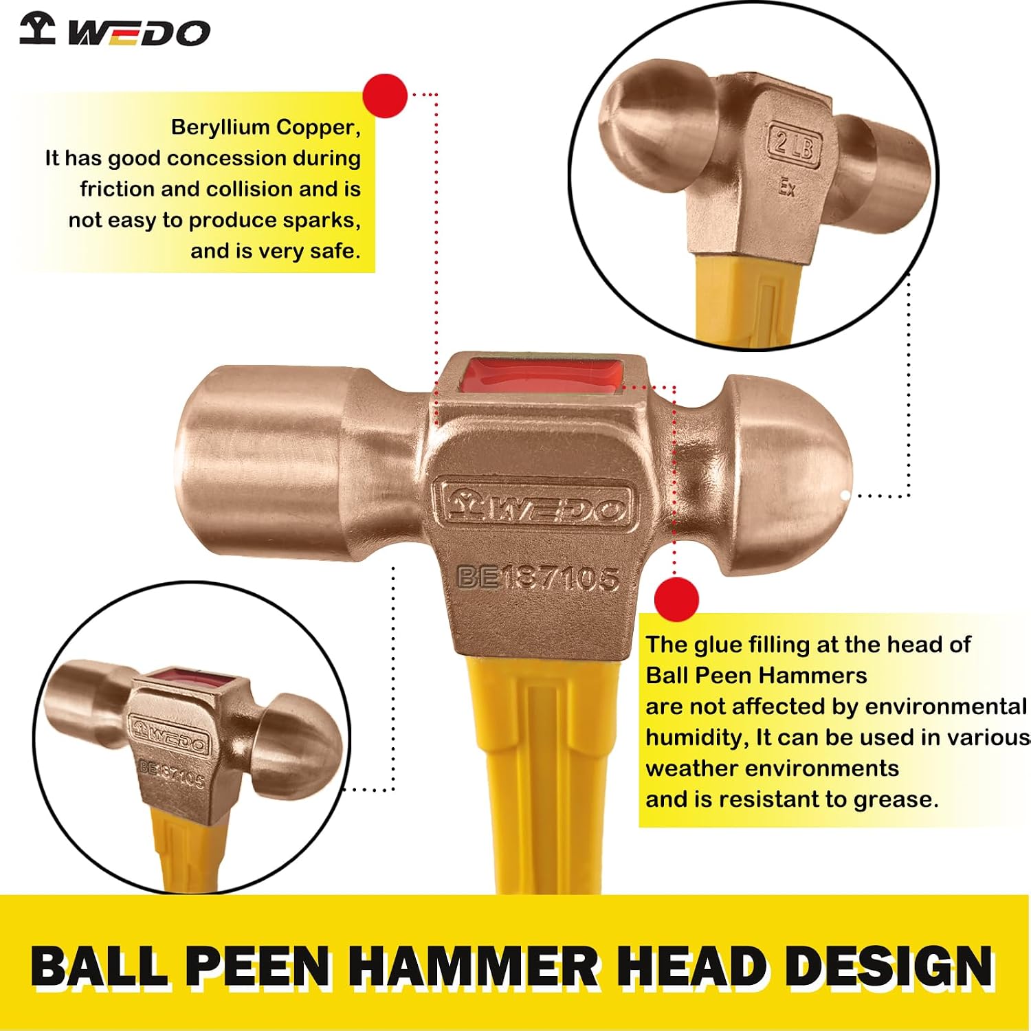 WEDO 24oz(680g) Ball Peen Hammer,Ball Pein Hammer with Fiberglass Handle,Length 365mm(14'),Beryllium Copper,Non-magnetic,Die-Forged, Corrosion Resistant, DIN Standard