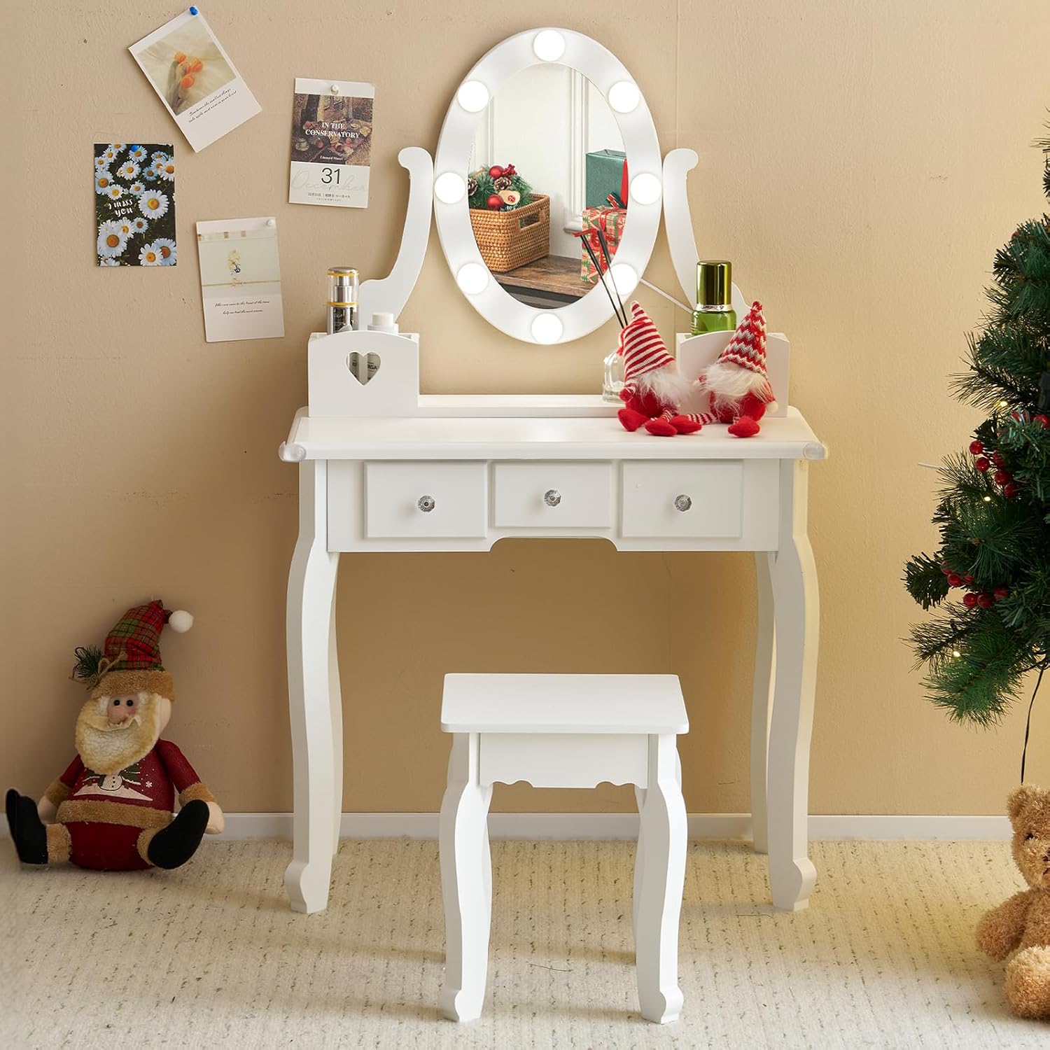 Karl home Kids Vanity Table and Chair Set, Princess MDF Dressing Table with 3-Color LED Lighted Mirror and 3 Drawers, Lovely Waved Design for Toddler's Bedroom and Playroom Decor, Macaroon White