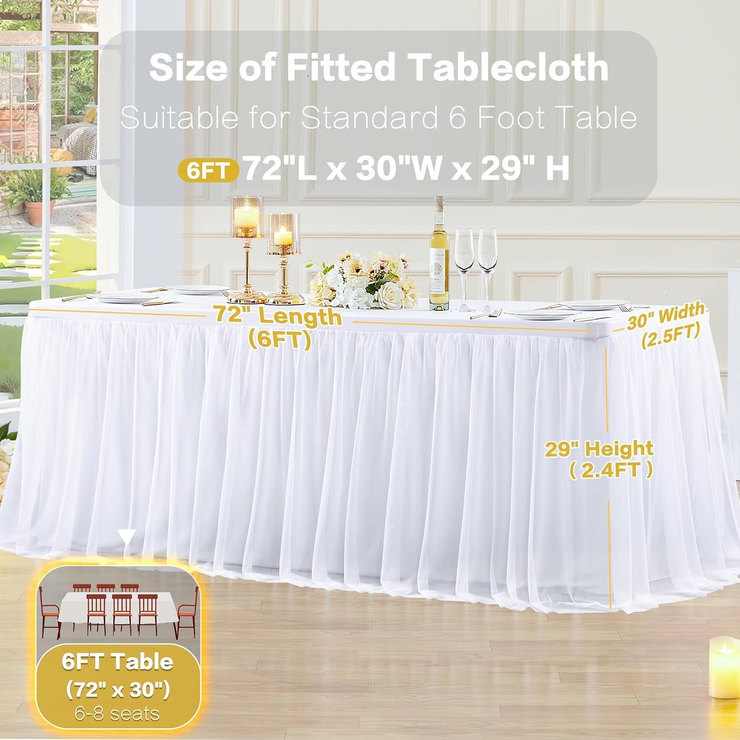 6 Pack White Table Cloth for 6 Foot Rectangle Tables, White Stretch Fitted Tulle Table Covers Skirt, Rectangular Ruffle Tutu Tablecloth Wedding Banquet Baby Shower Cake Tablecloths Decorations
