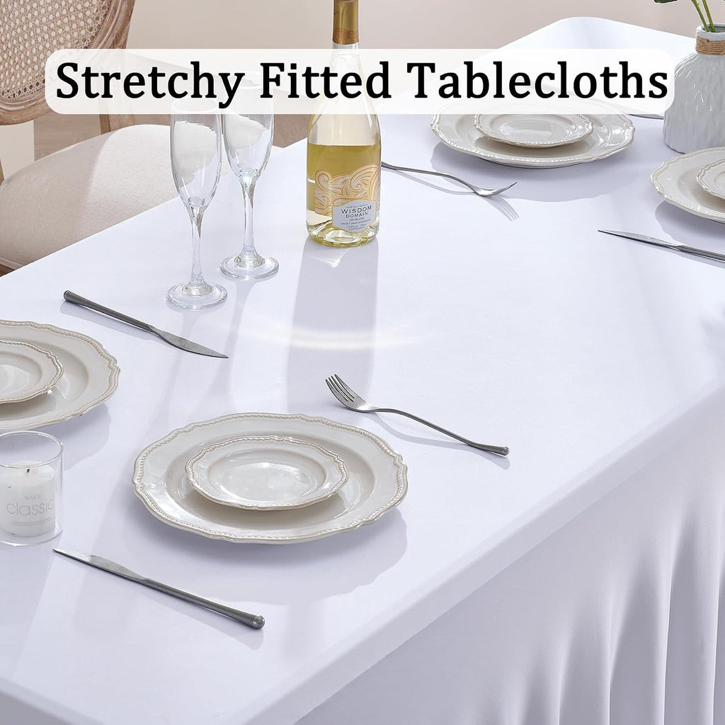 12 Pack White Spandex Tablecloth for 6 Foot Rectangle Tables, Wrinkle Free Fitted Table Cloth Cover 6ft White Stretchy Tablecloths with Skirt for Parties Weddings Birthday Banquet Baby Shower