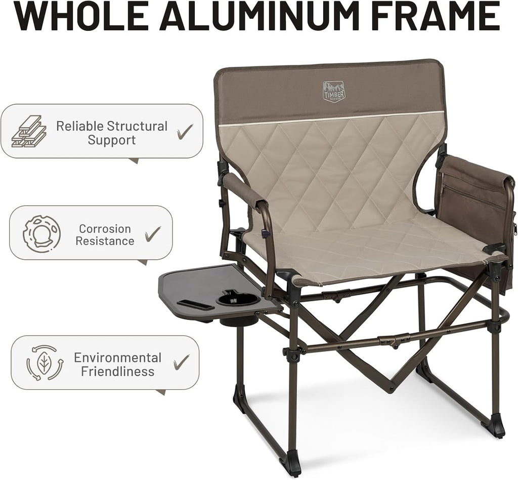 TIMBER RIDGE Aluminum Camping Directors Chair with Side Table Pocket, Portable Folding Chair, Heavy Duty Lawn Chair for Fishing Trip Picnic Concert Outdoor 400lbs, Tan 2 Pack