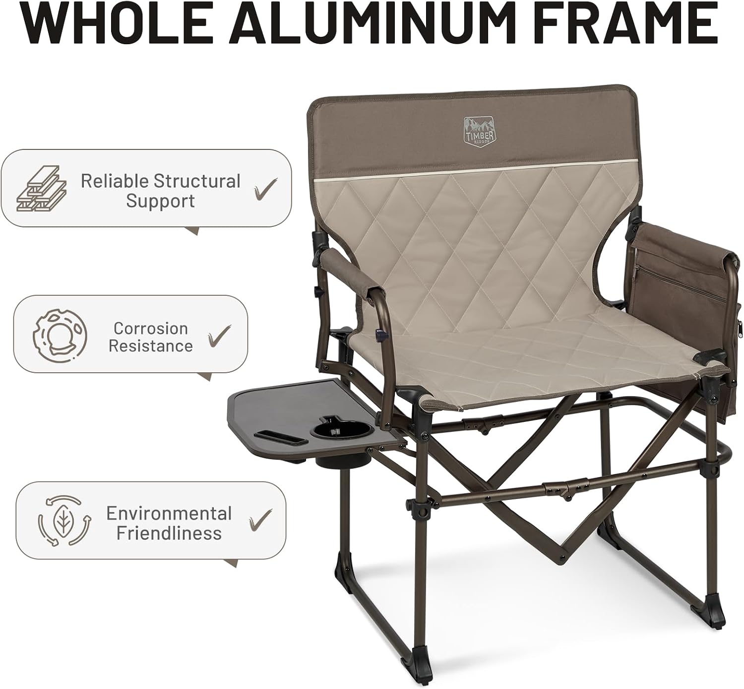 TIMBER RIDGE Aluminum Camping Directors Chair with Side Table Pocket, Portable Folding Chair, Heavy Duty Lawn Chair for Fishing Trip Picnic Concert Outdoor 400lbs, Tan 2 Pack