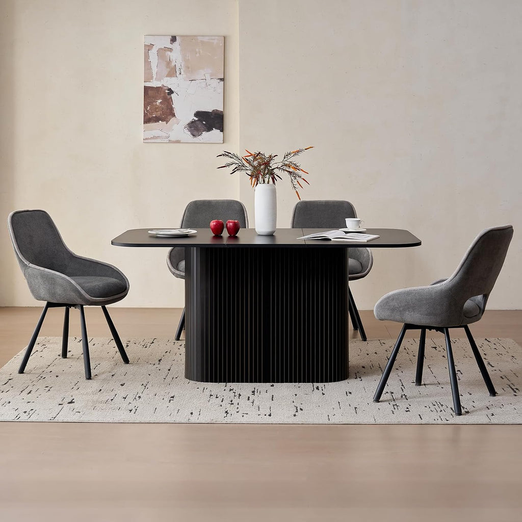 Large 63' Large Dining Table for 4 6, [Rounded Corners] [Grooved Pedestal Base] Modern Rectangle Kitchen Dinner Dining Living Room Table Black