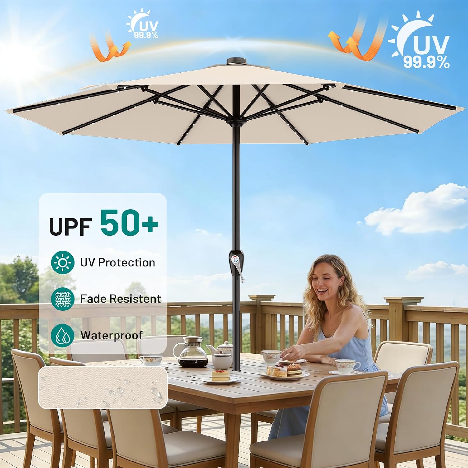 AreShark 12FT Large Patio Umbrella with Solar Lights, Solar Powered Outdoor Umbrella with Crank, Patio Table Market Umbrellas for Garden, Deck, Backyard, Pool and Beach, Cream-White