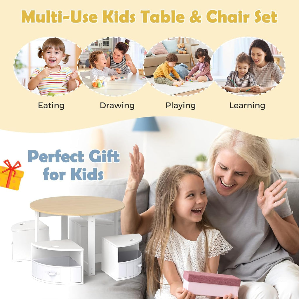 Costzon Kids Table and Chairs, 5 Pieces Wooden Round Children Nesting Desk with 4 Storage Stools & 4 Fabric Drawers for Activity, Play, Art, Read, Craft, Eat, Toddler Table and Chair Set (Beige)