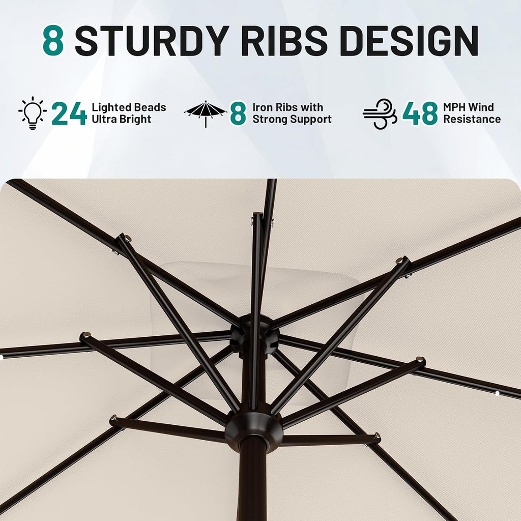 AreShark 8' X 10' Rectangular Patio Umbrella with Solar Lights, Lighted Solar Umbrella with Crank, Outdoor Table Umbrella for Garden, Deck, Backyard, Pool and Beach, Cream-White