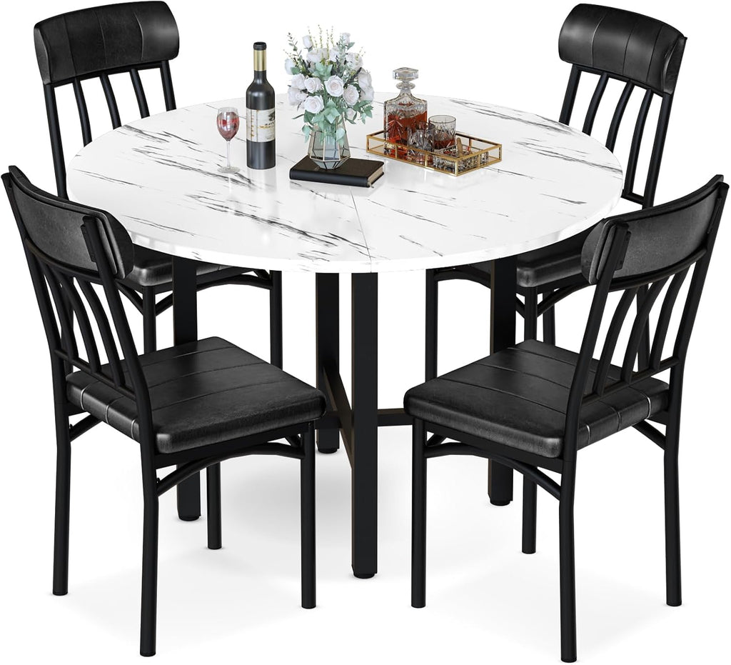 AWQM Round Dining Table Set for 4,Faux Marble Circle Dining Table Set with Chairs,Modern Kitchen Table and Chairs Set for 4,Round Dinner Table & Chair Set for Small Space,White
