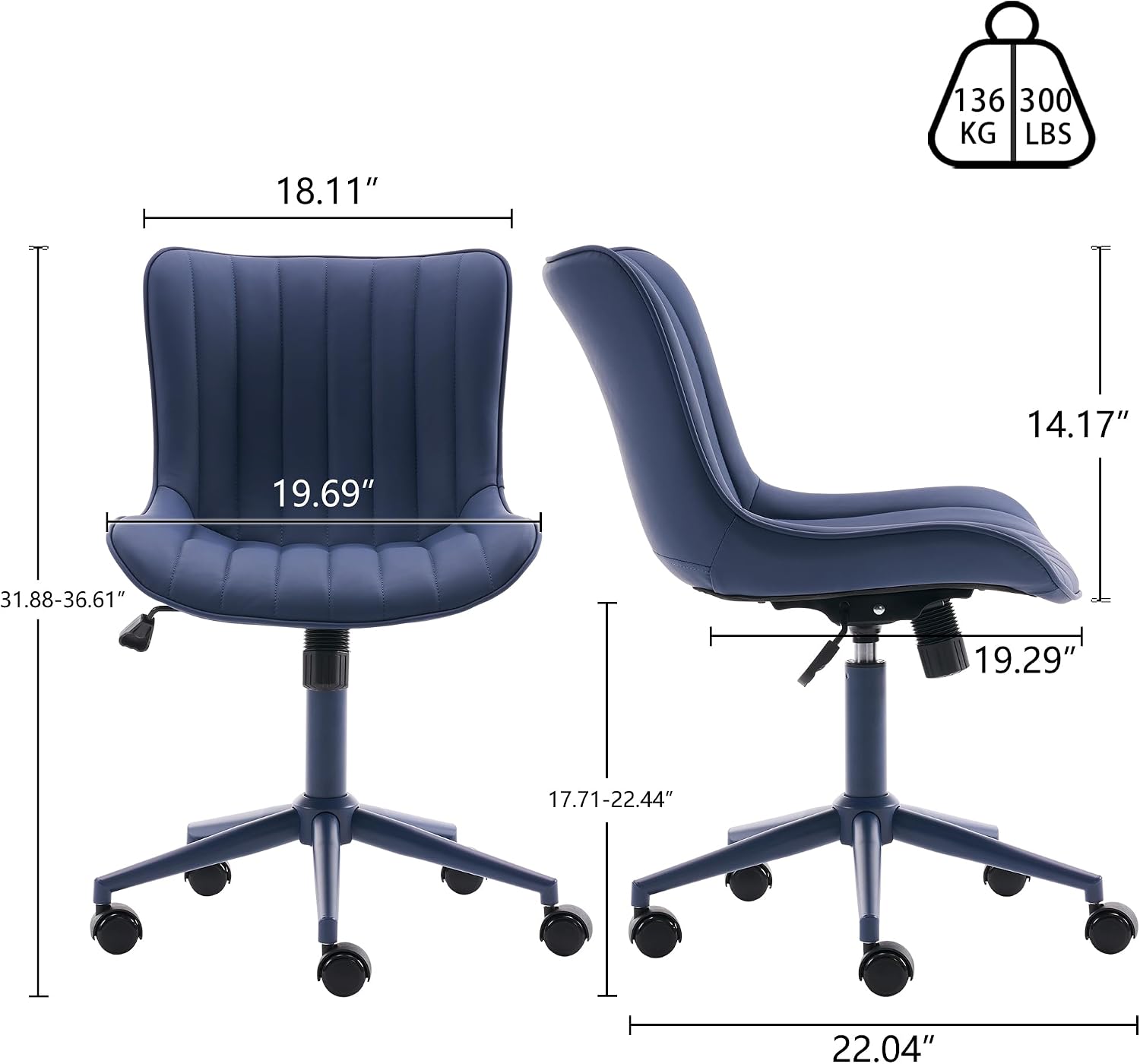 YOUNIKE Office Desk Chair with Wheels Armless Vanity Chair with Back Comfy Leather Upholstered Rolling Task Chair Swivel Small Cute Sewing Chair No Arms Wide Ergonomic Mid-Century Modern Navy Blue