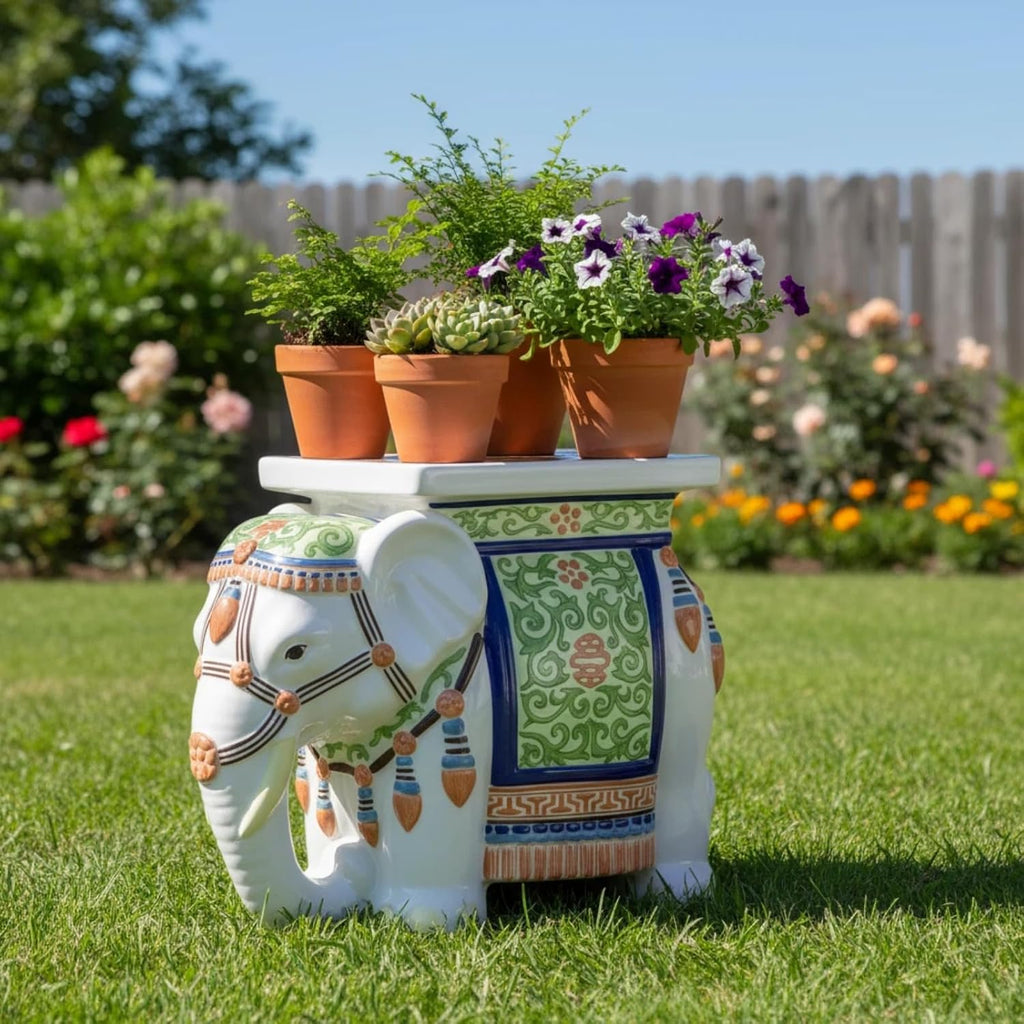 Leinuosen Elephant Garden Stool 16.5 Inch - Resin Elephant Side Table & Plant Stand, Indoor Outdoor Decorative Accent Table for Patio Balcony Living Room, Bohemian Home Decor Gift(Primary Color)