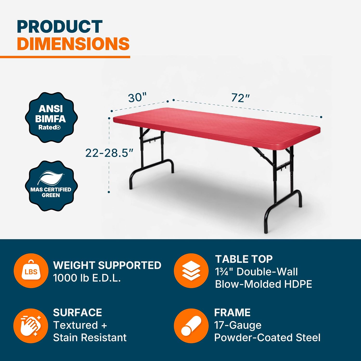 OEF Furnishings OEFBTA-3072-40 Adjustable-Height Commercial-Grade Premium Industrial Folding Table, 6-Foot Pedestal-Leg Design with 17-Gauge Steel Frame and Thick Double-Wall Top (72' × 30', Red Top)