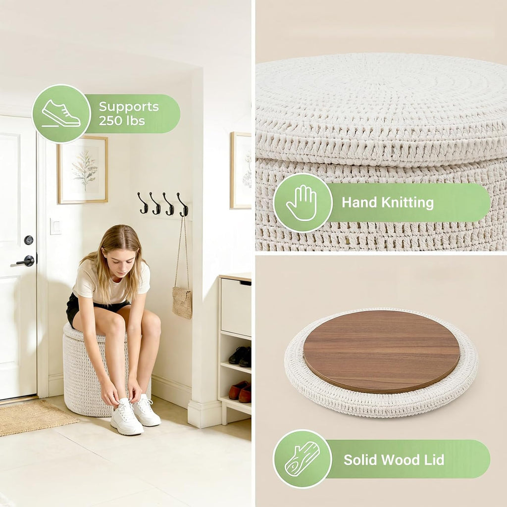 Wimarsbon Pouf Ottoman, 100% Cotton Knitted Boho Footstool, Round Footrest with Non-Skid Wood Legs, Home Décor Handmade Pouffe, Leisure Floor Step Stool for Living Room (18inch White Storage Ottoman)