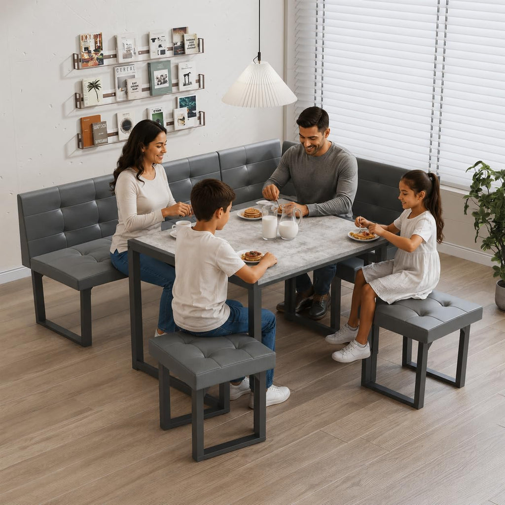 XIAO WEI Corner Dining Table Set for Small Spaces, 70 Inch Breakfast Nook with Storage Banquette, 5 Piece Dining Set with Upholstered Bench, Modern Grey