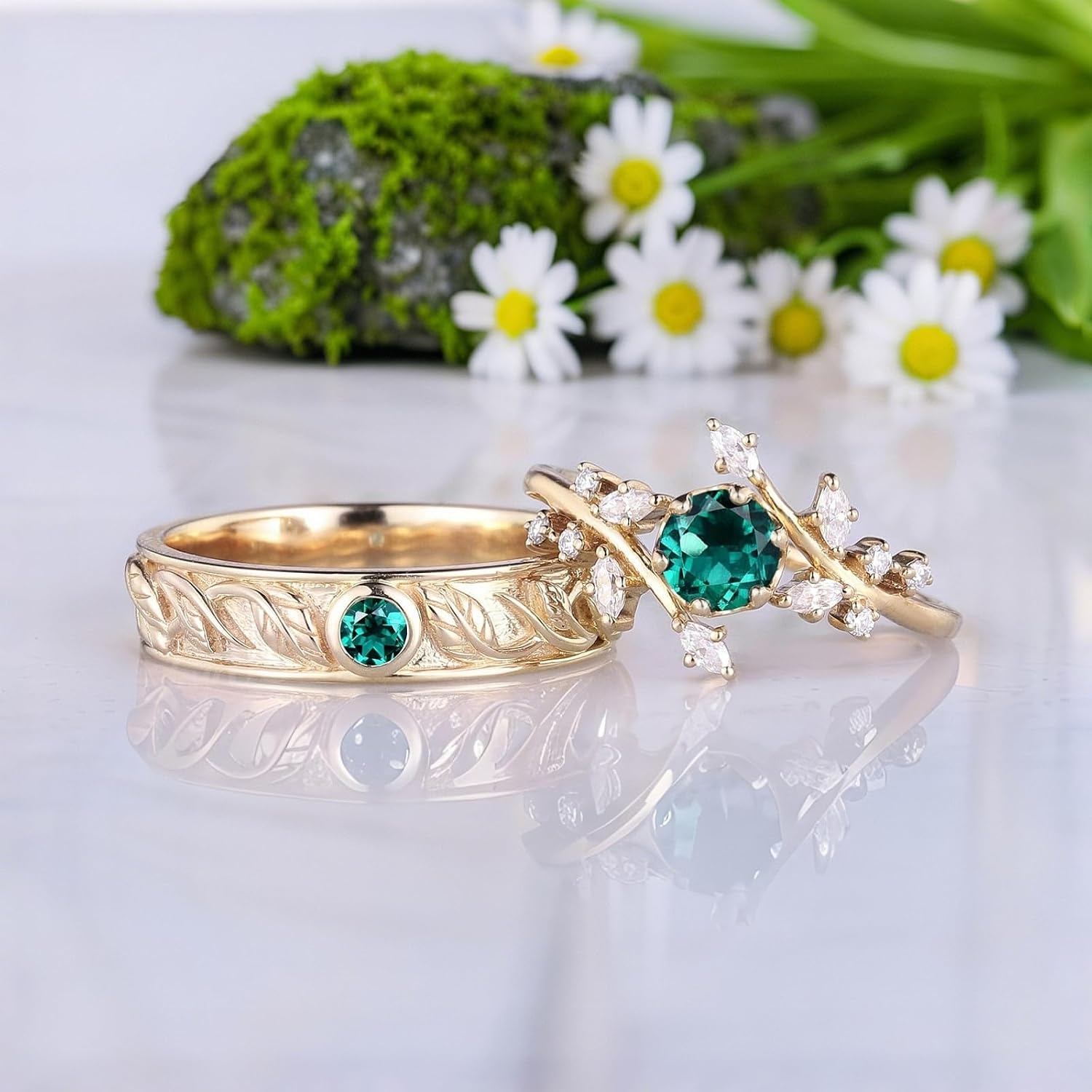 SISGEM Moissanite Couple Rings Set, 10K 14K 18K Solid Gold Moissanite Wedding Rings for Him And Her, Vintage Leaf/Branch Wedding Bands Matching Couple Rings Anniversary Jewelry Gift for Women And Men