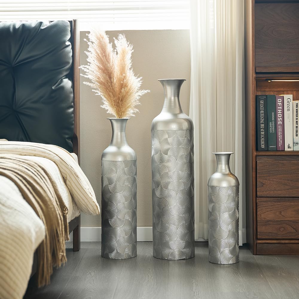 Floor Metal Decorated Vases Set of 3 for Gorgeous Home Decoration Large Glazed Metal Vases (Silver)