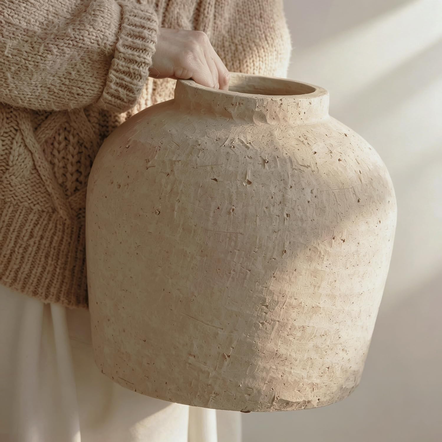 Large Ceramic Vase, 11' Rustic Farmhouse Terracotta Vase for Home Decor, Artisan Decorative Flower Vase for Living Room, Table Centerpiece, Bedroom (Terracotta Beige)