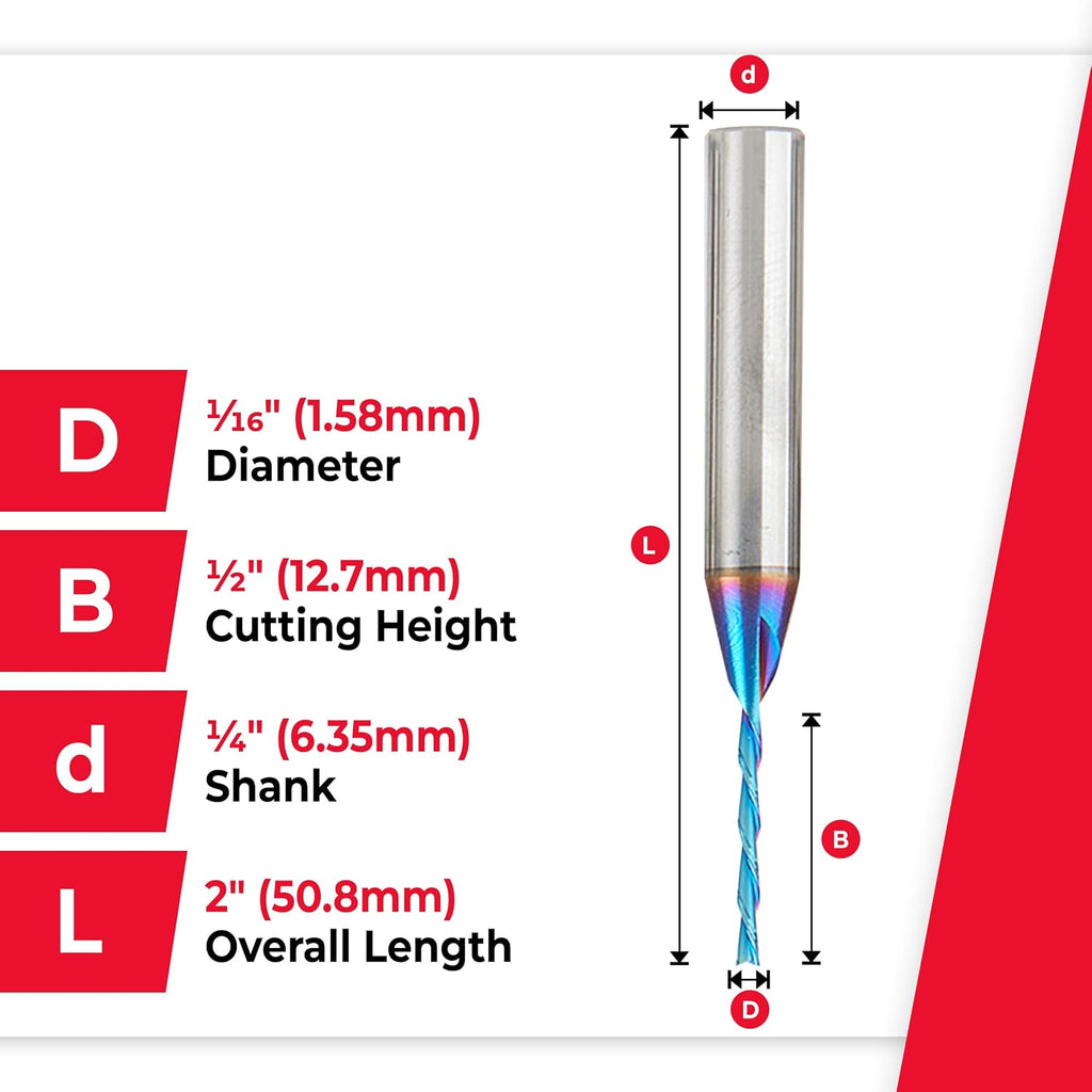 Amana Tool 46403-K-5, 5-Pack SC Spektra Extreme Tool Life Coated Spiral Plunge 1/16 Dia x 1/2 CH x 1/4 SHK 2 Inch Long Down-Cut Router Bits