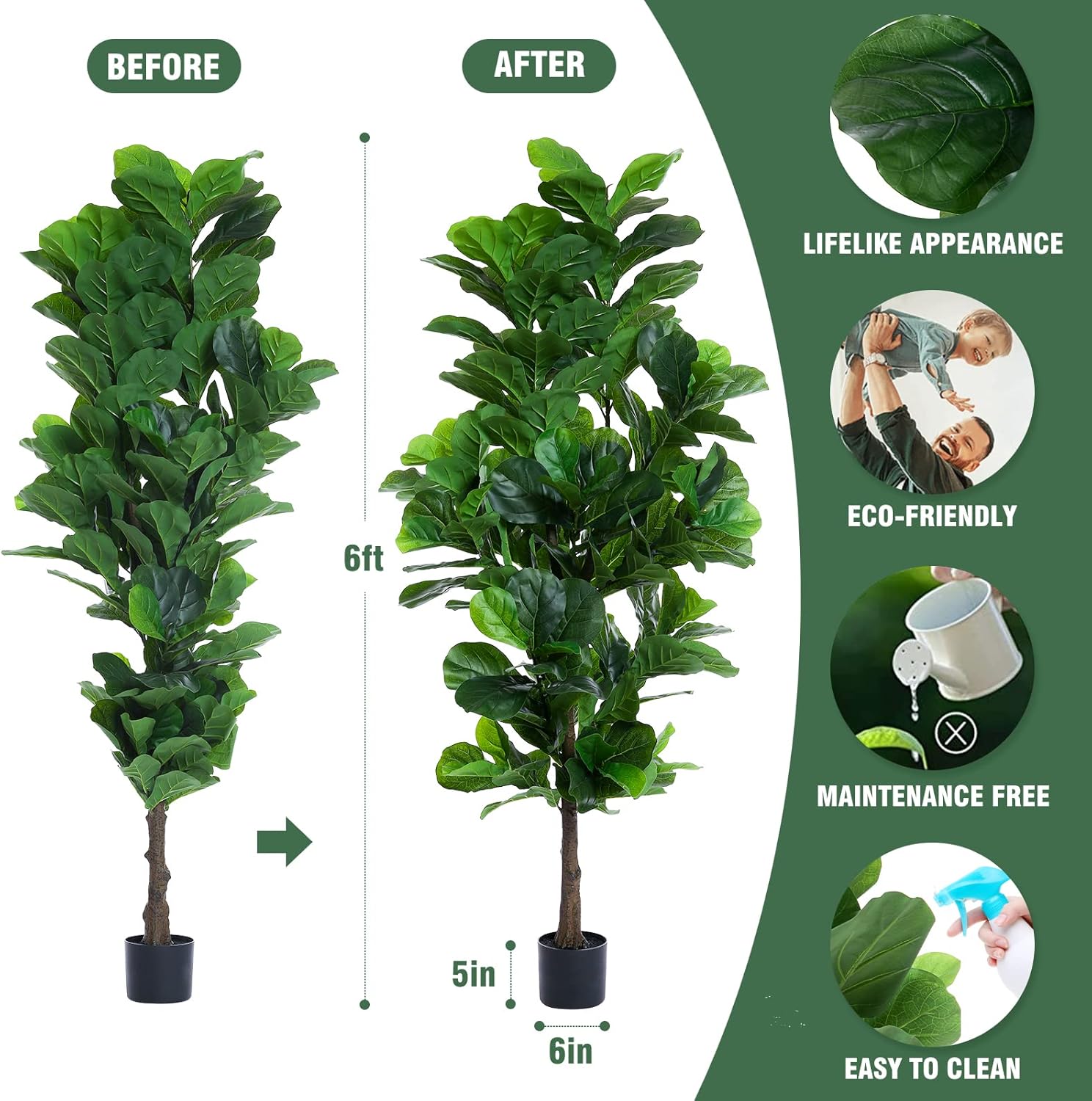 FLOWORLD Fiddle Leaf Fig Tree 6ft Tall Artificial Tree in Pot Fake Ficus Lyrata Plants with 184 Decorative Fiddle Leaves Faux Fig Trees for Home Office Living Room Decor Indoor Outdoor, 2 Pack