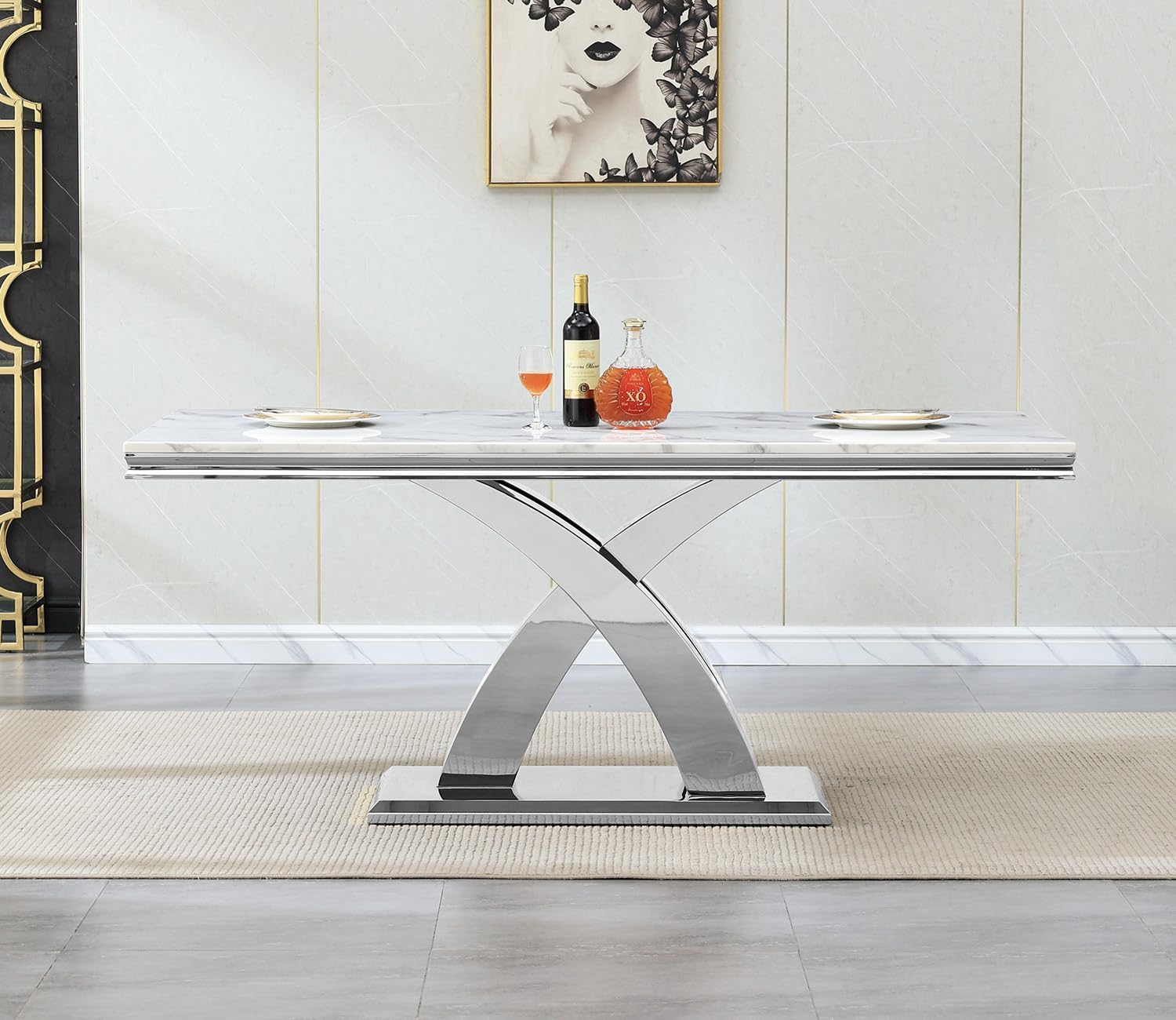 68' Luxury Rectangular Marble Dining Table for 4 to 6, White Faux Marble Kitchen Table with Silver X Shape Stainless Steel Pedestal, Modern Kitchen Dining Room Table for Breakfast Dinette Dinner Party
