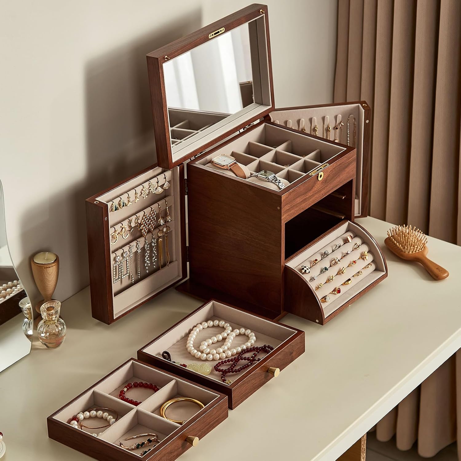Black Walnut Wooden Jewelry Box, Wood Jewelry Organizer with 2 Side Doors Mirror Lockable Classical for Watch Necklace Ring Earring Ideal Gift-4 Layer with Curved Ring Grooves