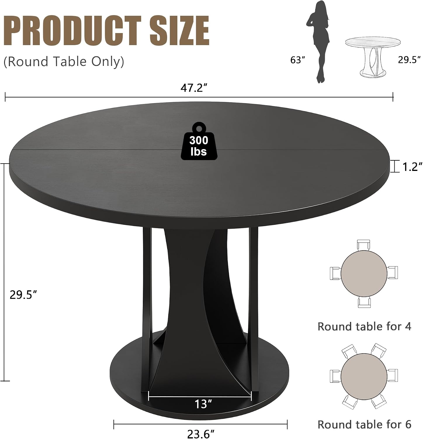 Einhomn Round Dining Table for 4-6, Kitchen Table with Sturdy Double Arc & Rounded Base & Backboard Clasp Desktop, Mid-Century Modern Circle Dinner Table for Dining Living Room, Space Saving, Black