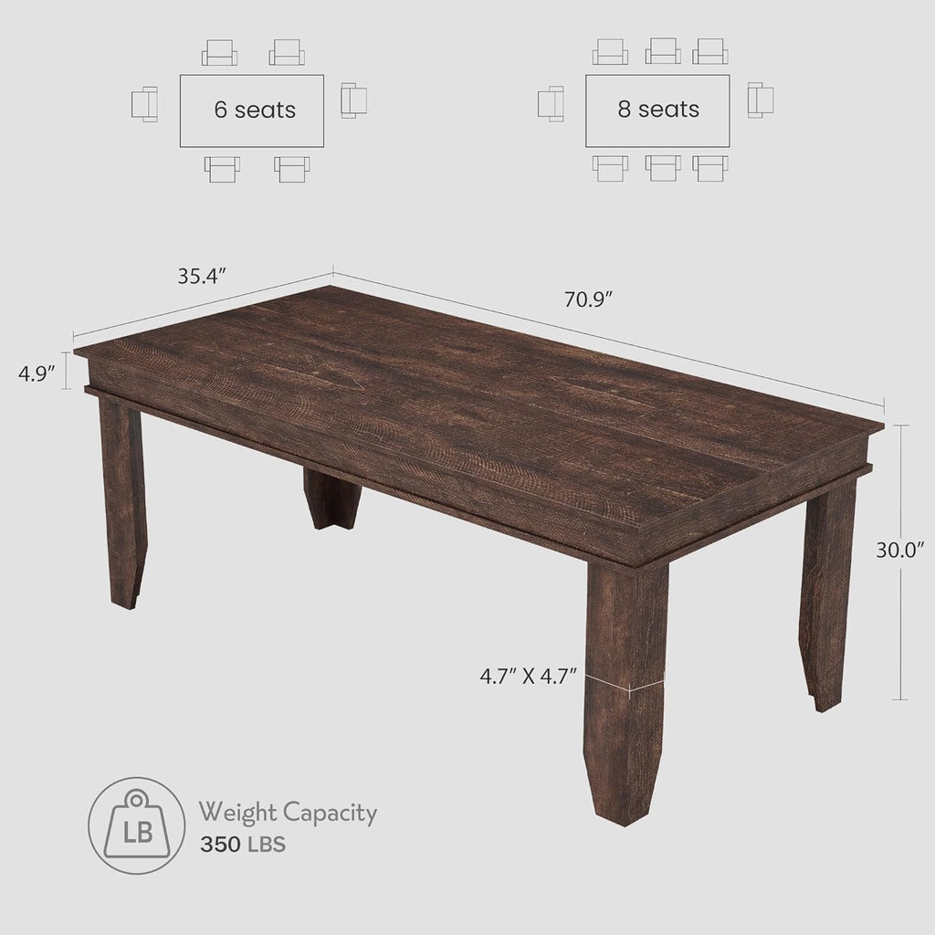 GarveeHome Farmhouse Dining Table for 6-8 People, 71 in Long Kitchen Tables with Wooden Sturdy Frame, 6 ft Large Rectangular Dinner Table for Dining Room, Kitchen, Dark Walnut, 71' Non-extendable