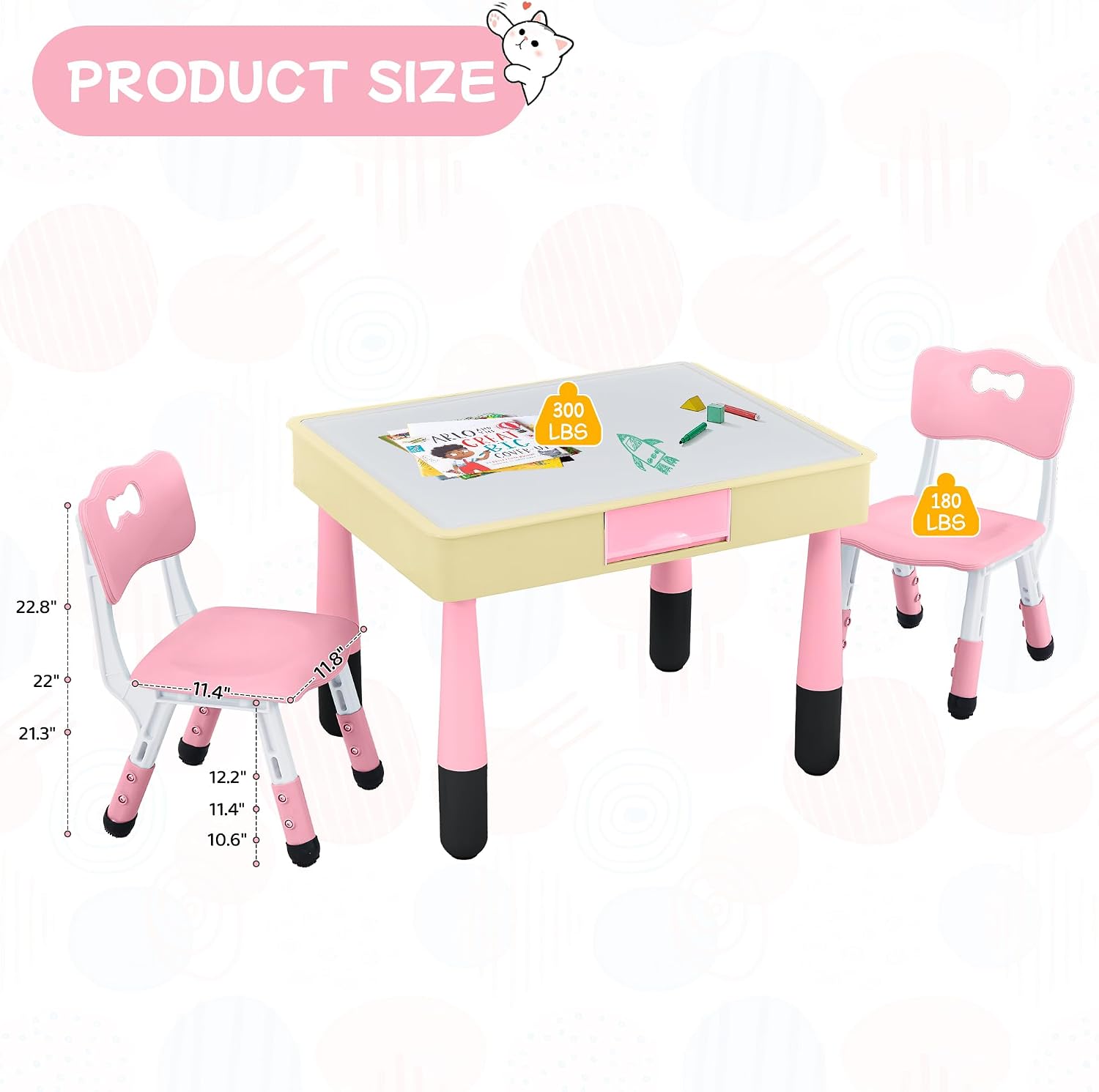 4 in 1 Kids Table and 2 Chairs Set, Toddler Table and Chair Set for Kids Ages 3-10, Activity Tables for Building Blocks/Drawing/Reading/Dining，Gift for Boy & Girl (Pink)