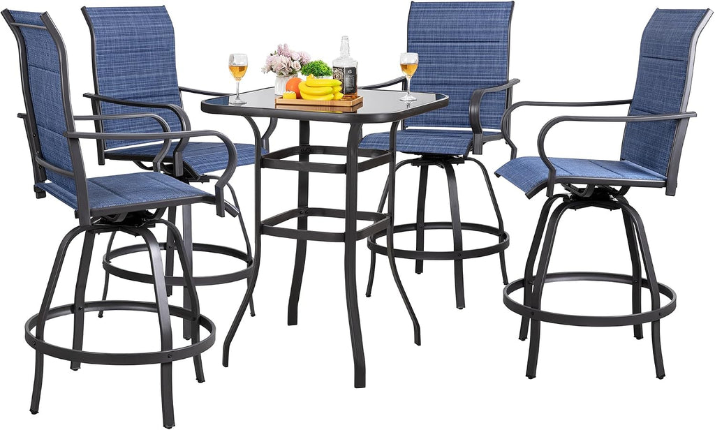 Shintenchi 5 Piece Patio Swivel Bar Stools Set, Outdoor Patio Bar Table and Chairs Set, All Weather Bar Height Chairs Set of 4, High Top Bistro Set Furniture for Balcony, Backyard, Padded Deep Blue