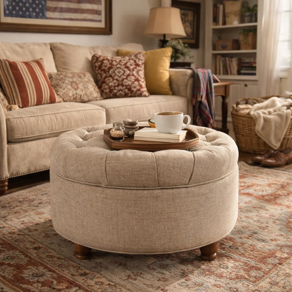 Homepop Home Decor Button Tufted Woven Round Storage Ottoman Large