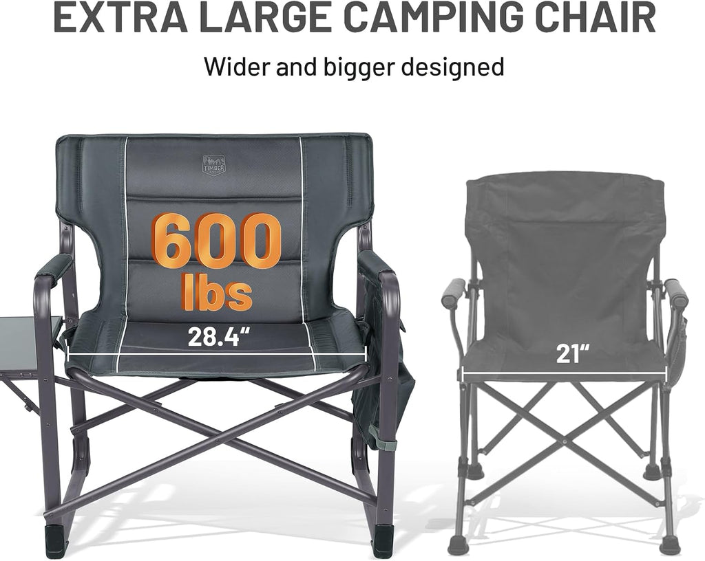 Timber Ridge XXL Upgraded Oversized Directors Chairs with Foldable Side Table, Detachable Side Pocket, Heavy Duty Folding Camping Chair up to 600 Lbs Weight Capacity (Gray) Ideal Gift