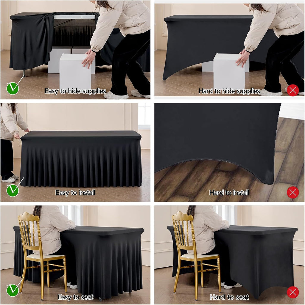 Outpain Black Spandex Table Clothes for 6 Foot Rectangle Tables-12Pack 6FT Spandex Fitted Table Cover, Wrinkle Free Tablecloths with Skirt for Parties, Wedding, Birthday, Banquet, Festival