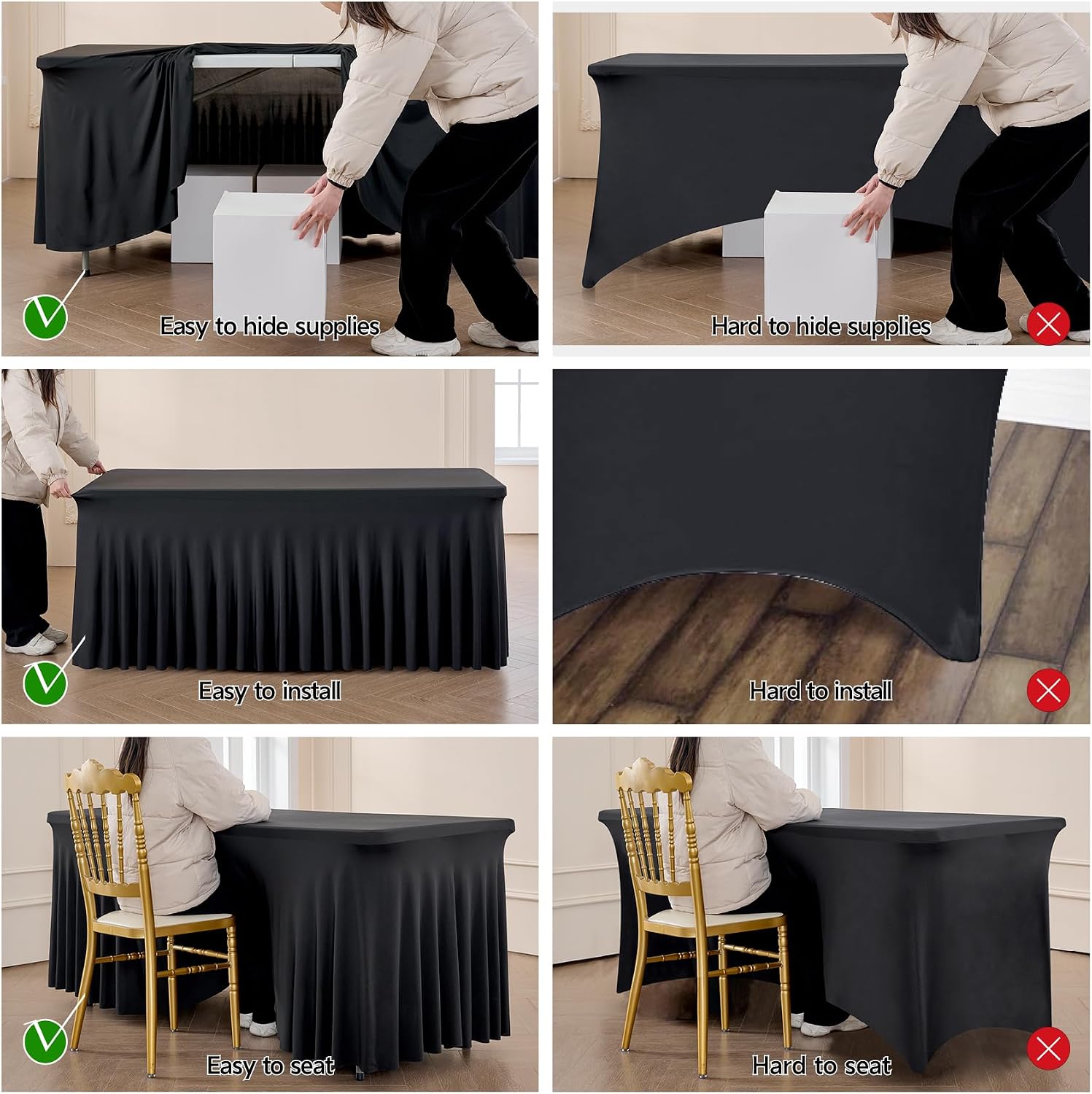 Outpain Wrinkle Free Spandex Tablecloth for 6 Foot Rectangle Tables, 8 Pack Black Fitted Table Cloths 6ft Stretchy Banquet Table Clothes Cover Desk Skirt for Birthday Wedding Parties Baby Shower