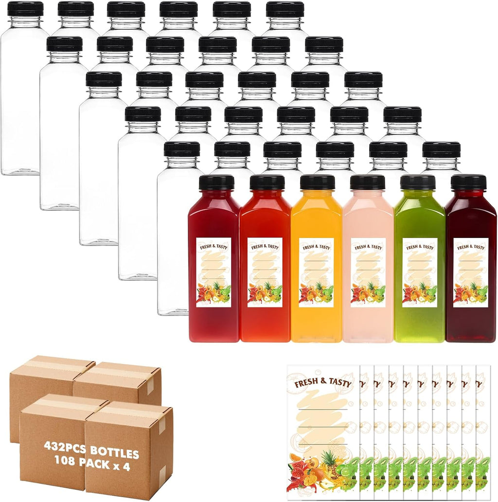 BAKHUK 432pcs 16oz Empty Plastic Juice Bottles with Caps, Plastic Water Bottles with Lids, Reusable Clear Bulk Beverage Containers for Juice, Milk and Other Beverages(4 Package)