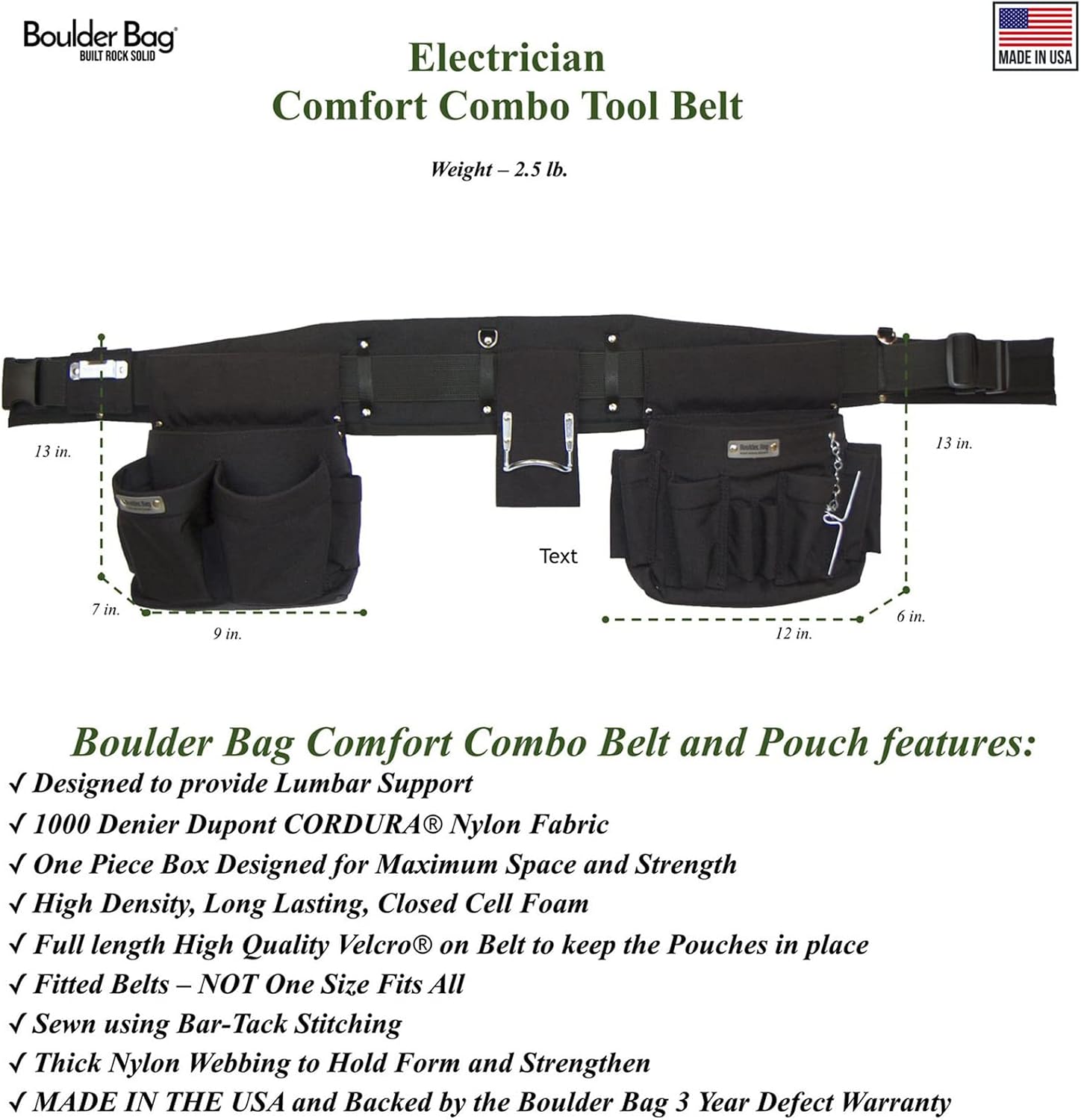 BOULDER BAG Professional Electrician's MAX Combo with Comfort Back Support Tool Belt, Quick Release Buckle, Heavy Duty Work Belt, Black, (Medium 28-32 Inch Waist), Made in USA