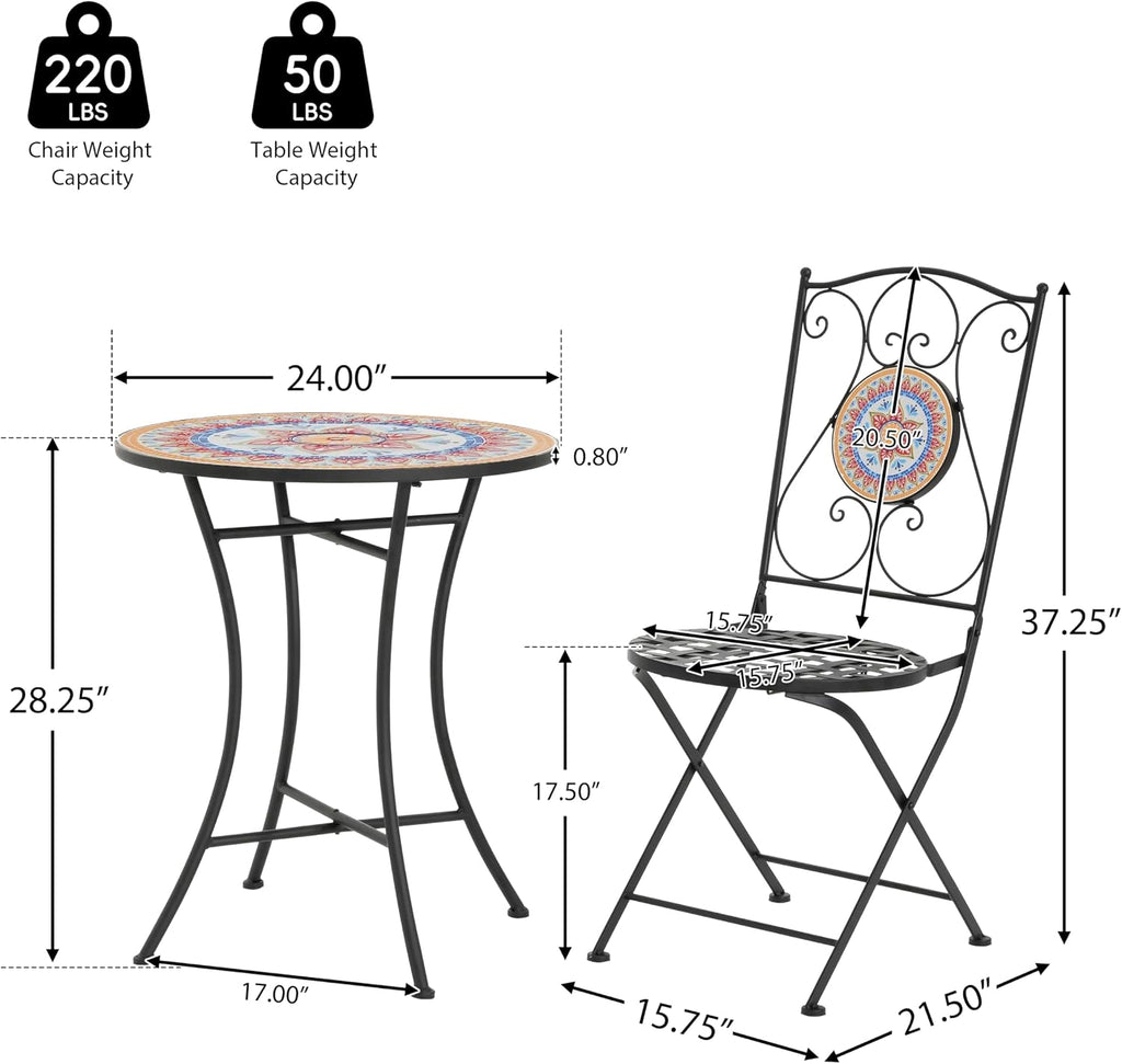 Christopher Knight Home Dorin Patio Ceramic Tile and Iron Frame Bistro Set, 2-Seater Round Top Table+Chairs Set for Garden/Balcony, Poolside, Foldable Chat Set with Iron Mesh Seating Design, Black+Red