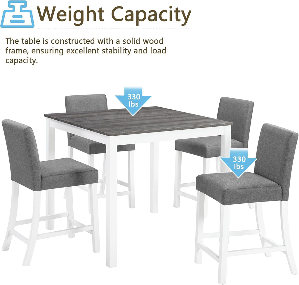 LUMISOL 5-Piece Dining Table Set, Farmhouse Counter Height Dining Table Set with 4 Upholstered Chairs, Wooden Table and Chairs Set for Kitchen, Dining Room, Grey+White