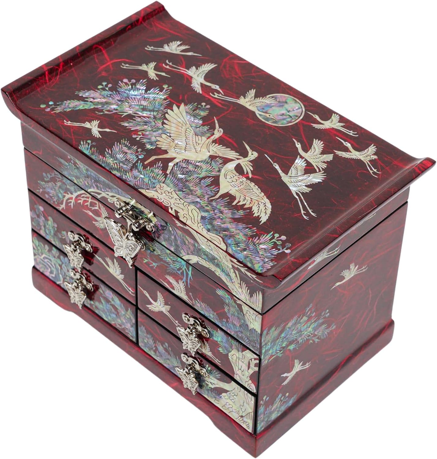 February Mountain Mother of Pearl Wooden Jewelry Organizer Box – Jewelry Storage Box for Women, Features Spacious Drawers, Ideal for Rings, Bracelets, Watches, Chains, Accessories (Crane_Red)