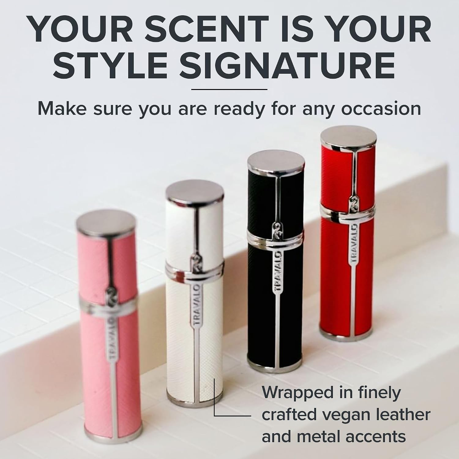 Travalo Milano Perfume Atomizer Bundle - Leak-Proof and TSA Approved for Air Travel - Reusable, Easy Fill Mini Pump Sprayer - Vegan Leather w/Polished Metal - White, Aqua, Perfect Pink - 3 Pack